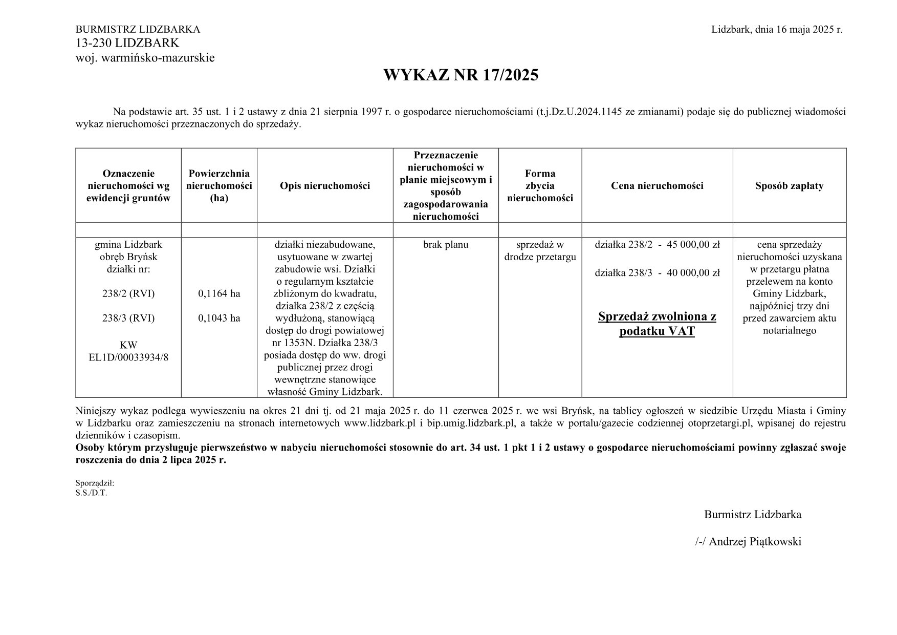 Wykaz Nr 17/2025 - Nieruchomości gruntowe do sprzedaży - obr. Bryńsk dz. nr 238/2 i 238/3